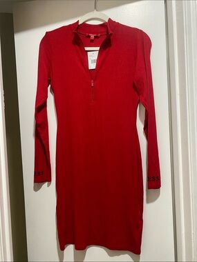GUESS Red Long-Sleeve Zip-Front Knit Dress